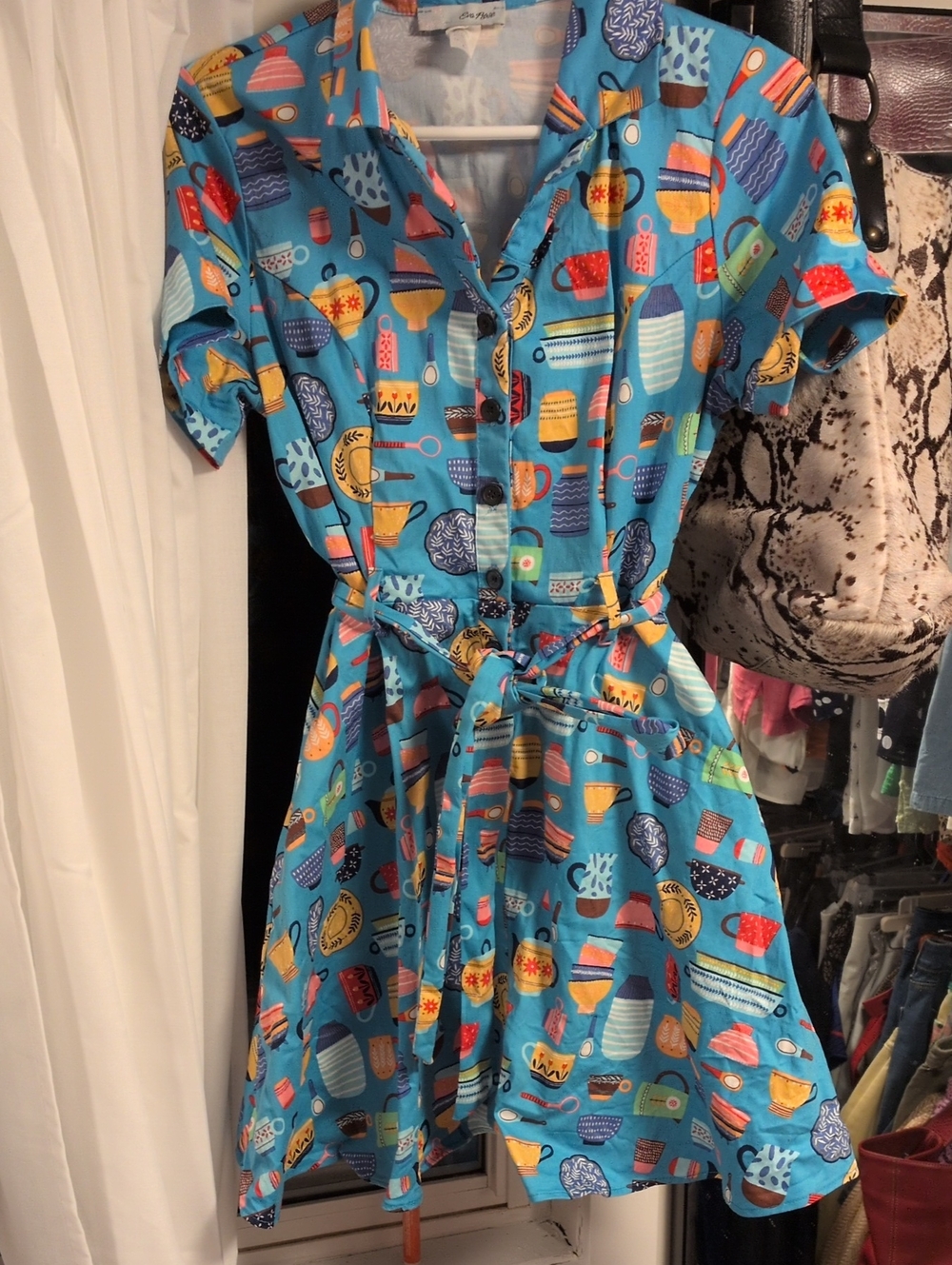 Ladies Blue Teapot Print One-Piece Dress